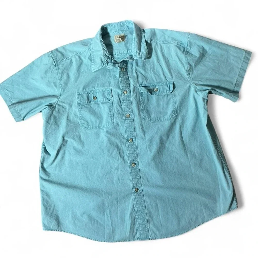 LL Bean Mens XXL Traditional Fit Short Sleeve Button Down Shirt‎ Blue 270135